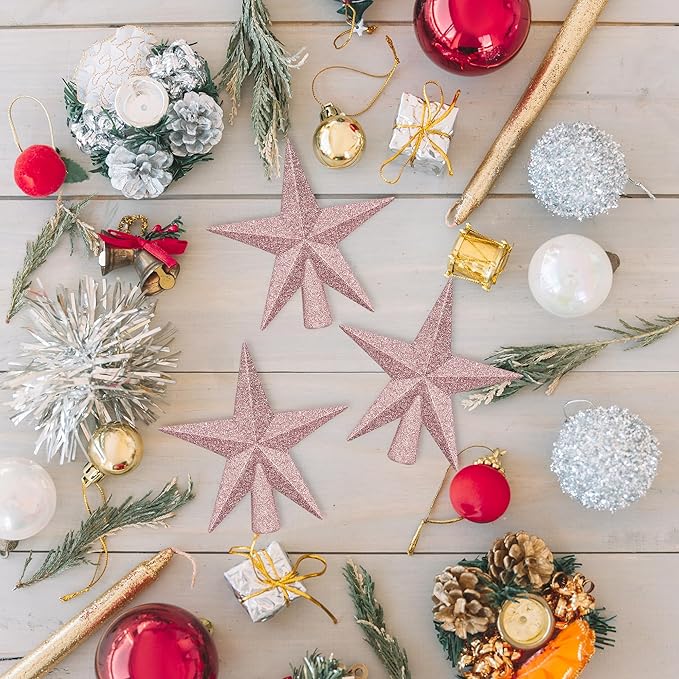 1PCS Tree Topper Star, 4" Rose Gold Christmas Tree Topper Decorations, 3D Glitter Mini Bethlehem Star Shatterproof Tree Decor, Waterproof Xmas Tree Topper for Holiday Home Indoor/Outdoor Ornament