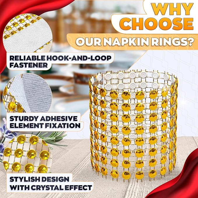Gold Napkin Rings Set of 100 – Rhinestone Napkin Ring Holders for Weddings, Spring Events, and Table Decorations | Durable, Reusable, and Versatile for Parties, DIY Projects