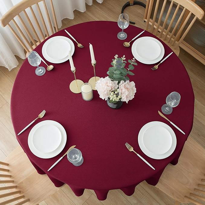 Biscaynebay Round Christmas Tablecloths 60" for Round Tables diameters from 28" to 48", Burgundy Fabric Water Resistant Folding Table Covers Washable for Dining, Kitchen, Wedding, Parties