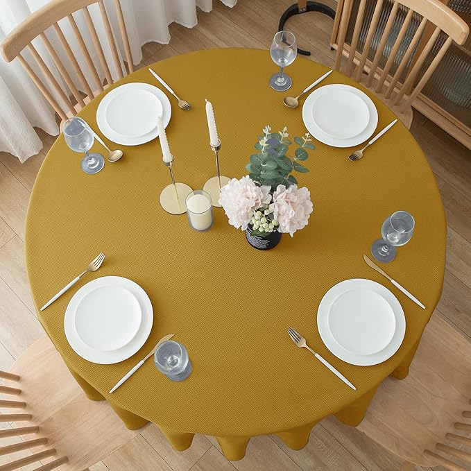 Biscaynebay Textured Fabric Round Christmas Tablecloths 70" for Tables Diameters from 30" to 48", Gold Water Resistant Tablecloths for Dining, Kitchen, Wedding, Parties etc. Machine Washable