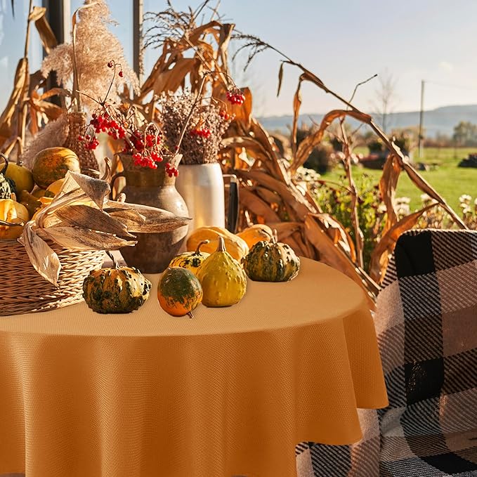 Biscaynebay Fall Tablecloth Textured Fabric Round Table Cloth 60" for Tables diameters from 28" to 48", Bronze Thanksgiving Autumn Harvest Water Resistant Fabric Table Cover for Kitchen, Dining, Party