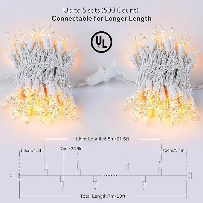 100 Count Clear Christmas Lights White Wire,23Feet Incandescent Clear Mini Lights,Connectable Indoor Outdoor Christmas Tree String Lights,Birthday,Holiday,Party,Wedding,Xmas,Warm White