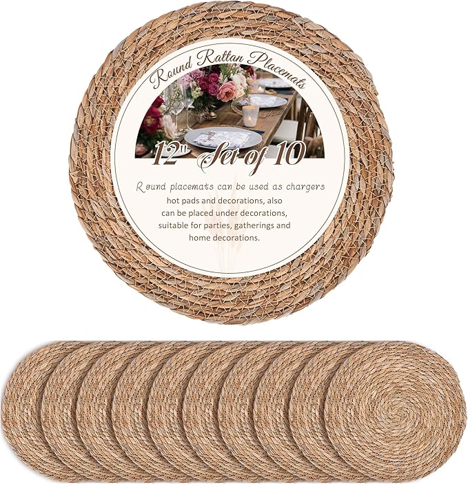 Defined Deco Woven Placemats Set of 10,12" Round Rattan Placemats,Natural Hand-Woven Water Hyacinth Placemats,Farmhouse Weave Place Mats,Rustic Braided Wicker Table Mats for Dining Table,Home,Wedding.