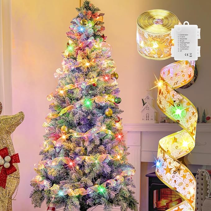 Christmas Tree Ribbon String Lights - 33ft 100 LED Battery Powered Fairy Lights with Timer and 8 Lighting Mode, Ribbon Bows Lights for 6ft - 8ft Christmas Tree New Year Decor, Gold Ribbon, Multi-color