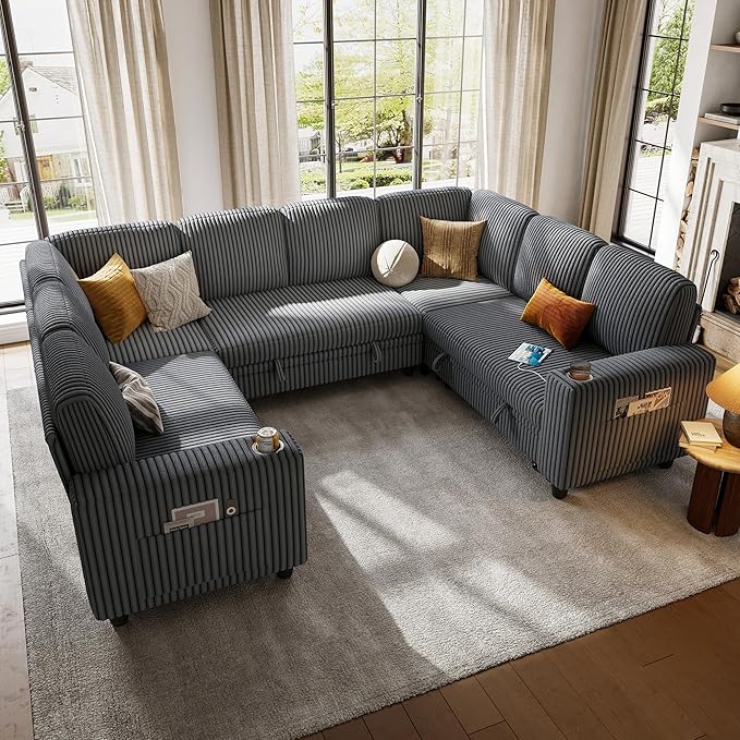 LINSY HOME Sectional Sleeper Sofa with Pull Out Couch Bed - Convertible Plush Corduroy Cloud Couch with Storage Chaise & USB Charging, Comfy Modular Couches for Living Room, Grey