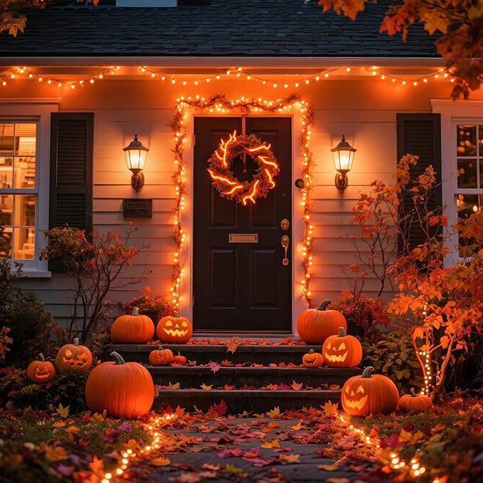 250 LED Orange Lights for Halloween, 82 FT Halloween Lights Indoor Outdoor Clear Wire with 8 Modes, Plug in Waterproof Orange String Light for Christmas Tree Party Thanksgiving Decorations