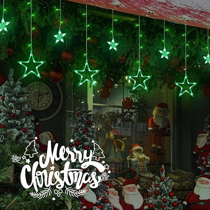 Green Star Icicle Lights,126LED 8.2FT Christmas String Lights with 8 Modes Waterproof,Clear Wire Plug Memory Timer Curtain Lights for St Patrick’s Day Holiday Yard Garden Decorations(Green)