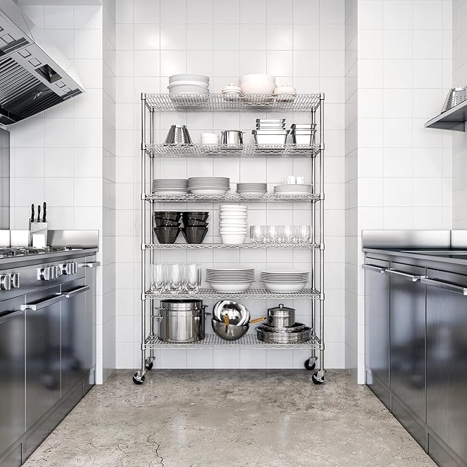 Seville Classics UltraDurable Heavy Duty NSF Solid Steel Wire Rack Storage Unit Wheels, 6-Tier Shelving, 48" W x 18" D