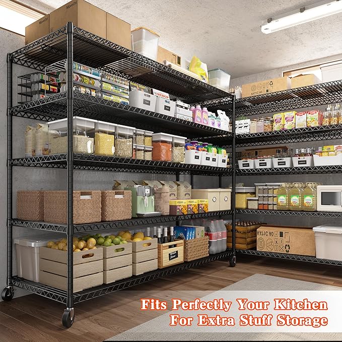 REIBII 73" H Storage Shelves Wire Shelving with Wheels 3200 lbs Heavy Duty Steel Metal Shelving Unit Shelf Rack for Warehouses,Garage, Kitchen, School,Commercial,73" H X 60”W X 18" D