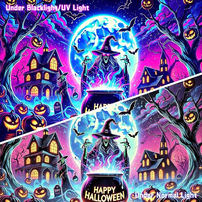 AOHMPT Glow-in-the-Dark Halloween Tapestry - UV Reactive Black Light Wall Hanging Decor for Spooky Parties, Bedroom, Living Room (Witch-Haunted House, 79L x 59W, Unframed)