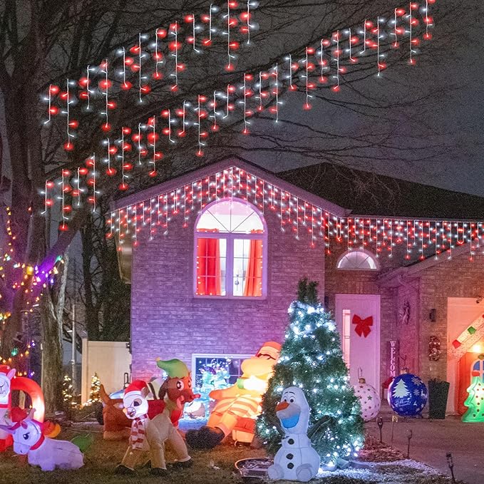 33ft Red and White Christmas Lights, 400 LED Icicle Lights for Outside, Clear Wire Connectable Twinkle Light with 8 Modes Timer Waterproof for House Window Party Tree Holiday Patio Yard Home Decor