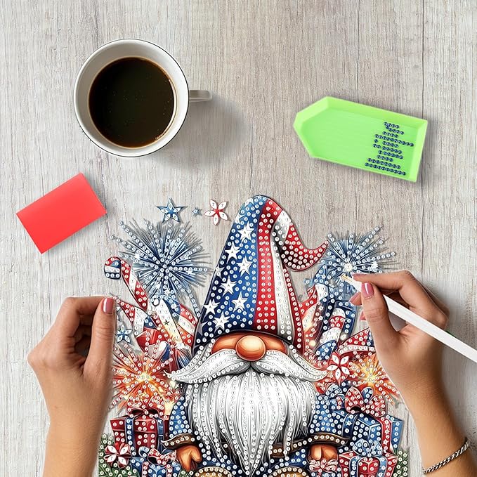 SENQAO Gnome Diamond Art Hanging Kit for Adult, Special Shaped Rhinestone, Double Sided DIY Acrylic Diamond Art Painting Window Pendants Home Garden Wall Hanging Kits Hanging Ornament(4Th of July)