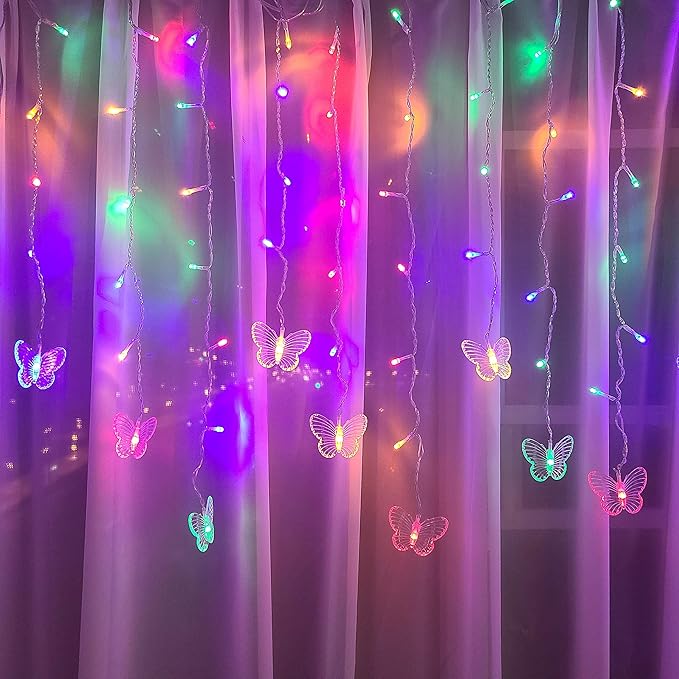 Butterfly Curtain Fairy Lights USB Plug in, 8 Modes 96 LED 11.5FT Firefly Window Twinkle Timer String Lights with Remote for Bedroom Patio Christmas Wedding Party Decoration (Colorful)