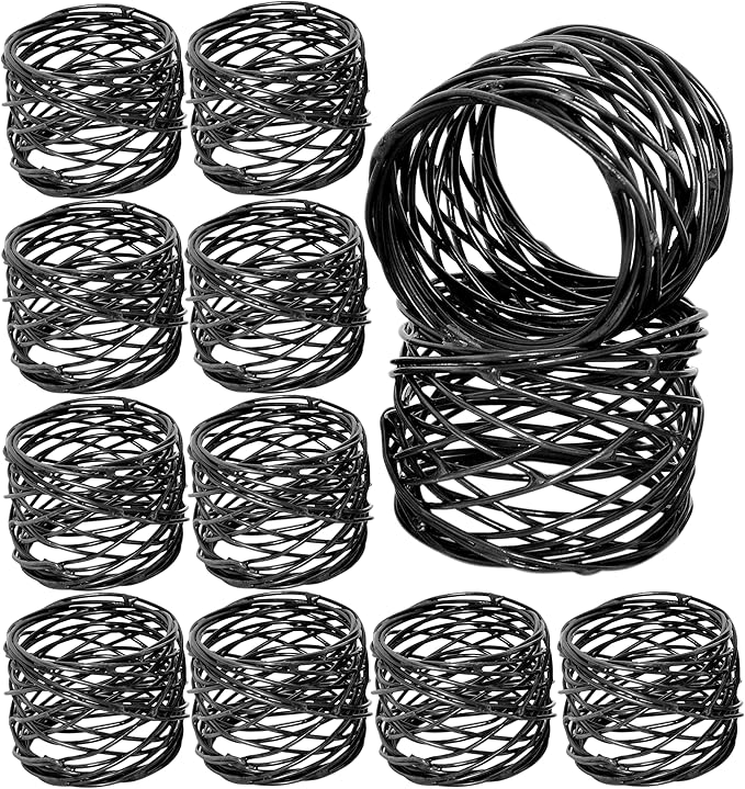 12 PCS Heavy Duty Metal Napkin Rings Set - Elegant Round Mesh Design for Table Decor, Durable Serviette Holders for Wedding, Dinner Party, Everyday Use (Black) - ALPHA Living HOME