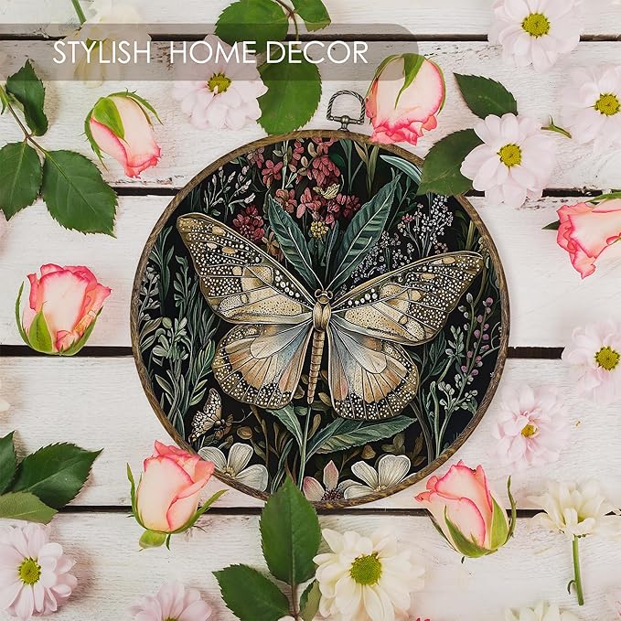 Fewgb Vintage Dark Moody Butterfly Round Wall Art Decor Framed for Bedroom Kitchen, Dark Cottagecore Academia Canvas Wall Art Prints Picture, Gothic Botanical Hanging Room Decor Artwork 10x10