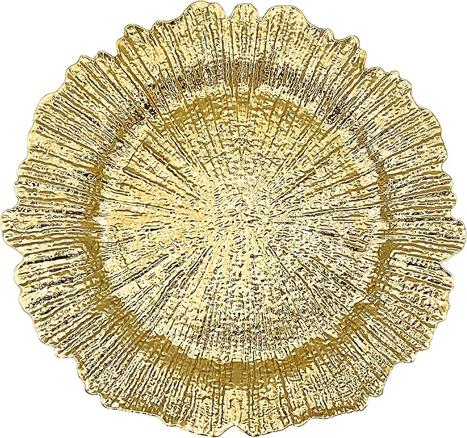 Henilosson 13 inch Gold Charger Plates,Round Plastic Reef Plate Chargers for Dinner Plates,Wedding,Party Elegant Decoration Place mats (6, GOLD)