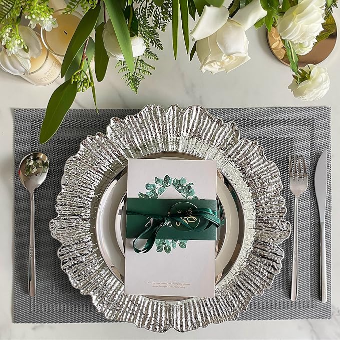 Henilosson 13 inch Silver Charger Plates,Round Plastic Reef Plate Chargers for Dinner Plates,Wedding,Party Elegant Decoration Place mats(24, SILVER)