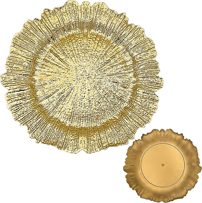 Henilosson 13 inch Gold Charger Plates,Round Plastic Reef Plate Chargers for Dinner Plates,Wedding,Party Elegant Decoration Place mats (6, GOLD)