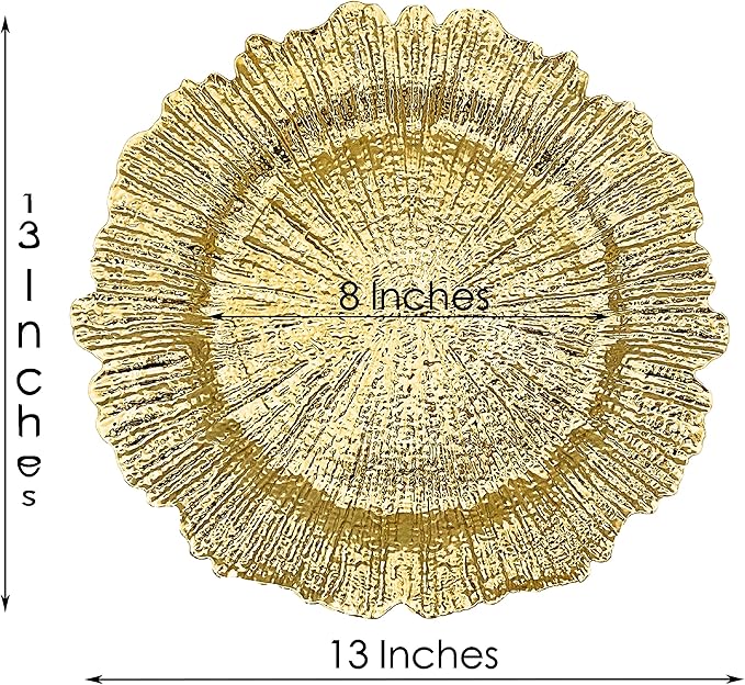 Henilosson 13 inch Gold Charger Plates,Round Plastic Reef Plate Chargers for Dinner Plates,Wedding,Party Elegant Decoration Place mats (6, GOLD)