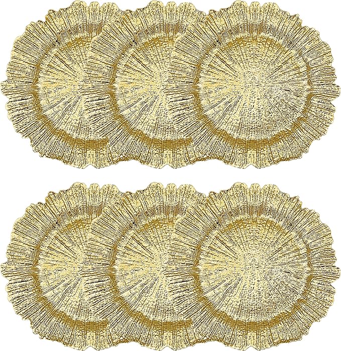 Henilosson 13 inch Gold Charger Plates,Round Plastic Reef Plate Chargers for Dinner Plates,Wedding,Party Elegant Decoration Place mats (6, GOLD)