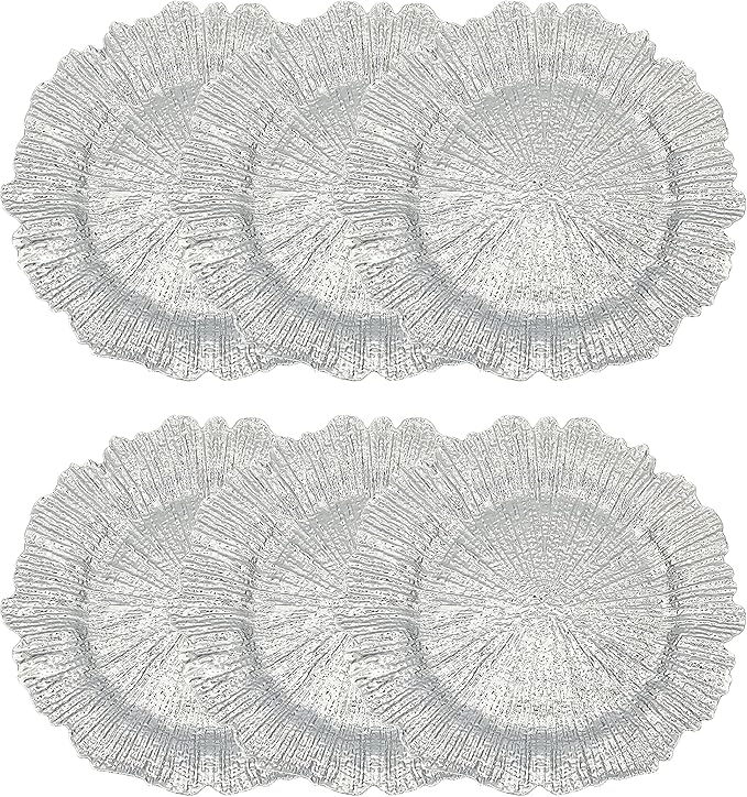 Henilosson 13 inch Silver Charger Plates,Round Plastic Reef Plate Chargers for Dinner Plates,Wedding,Party Elegant Decoration Place mats (6, SILVER)