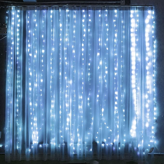 Dazzle Bright Curtain String Lights, 300 LED 9.8ft x 9.8ft 8 Lighting Modes Fairy Lights USB Powered, Waterproof Lights for Christmas Party Wedding Outdoor Indoor Wall Decorations (White)