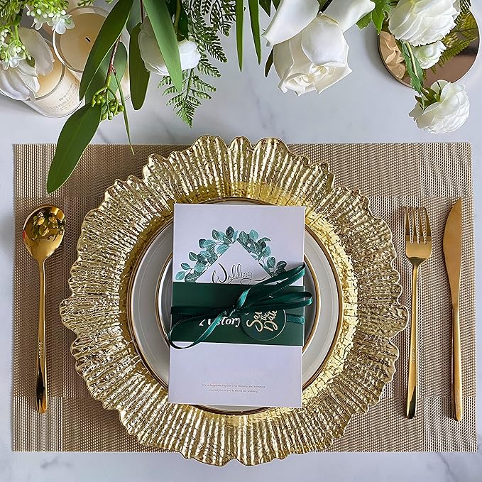 Henilosson 13 inch Gold Charger Plates,Round Plastic Reef Plate Chargers for Dinner Plates,Wedding,Party Elegant Decoration Place mats (6, GOLD)