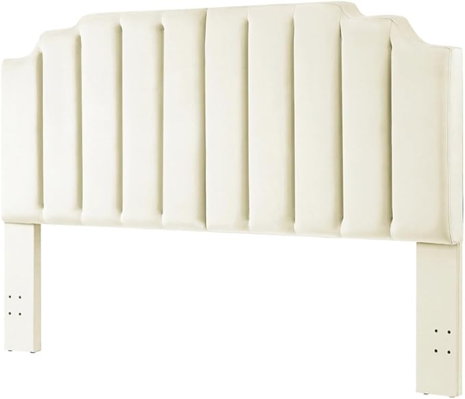 24KF Cream Velvet Tufted King Upholstered Headboard, Modern Vertical Channel Design California King Headboard with Stepped Silhouette Top Edge,Cream