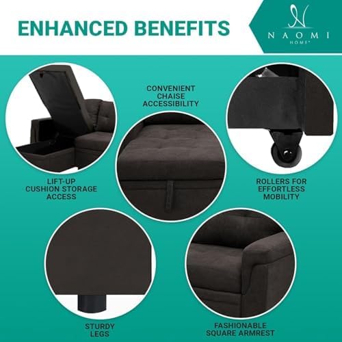 Naomi Home L-Shaped Reversible Sectional Sofa with Pull-Out Sleeper Bed and Storage Chaise, Espresso Velvet