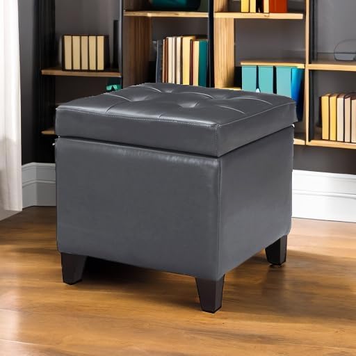 Adeco Bonded Leather Square Tufted Cubic Cube Storage Footstool, 18" Inch Ottomans & Storage Ottomans, With Lid, Dim Gray