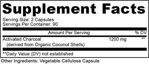 Activated Coconut Charcoal 1200mg, 180 Capsules - Pills for Digestive System, Bloating, Vegan (1bottle)