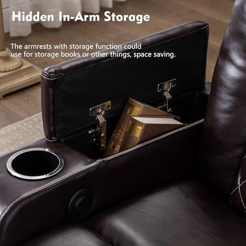 CANMOV Electric Power Recliner Chair Set of 2, Breathable Leather Home Theater Seating with Hidden Arm Storage, Power Recliner Chair for Living Room with USB Ports and Cup Holders,Brown