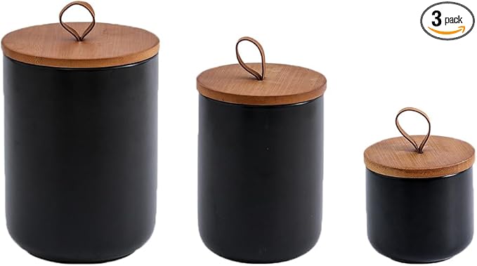 YYW Kitchen Canister Set for Countertop Set of 3, 9/28/45 oz Ceramic Food Storage Containers with Airtight Wood Lids, Food Saver Jars for Coffee, Tea, Candy, Flour(Three-piece suit in black)