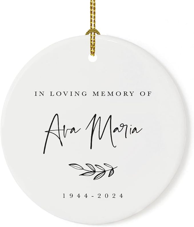 Andaz Press Personalized Round Ceramic Porcelain Christmas Ornament Keepsake Collectible Beareavement Memorial Gift, in Loving Memory of Ava Maria Carter 1944-2024, Antique Handdrawn, 1-Pack, Custom