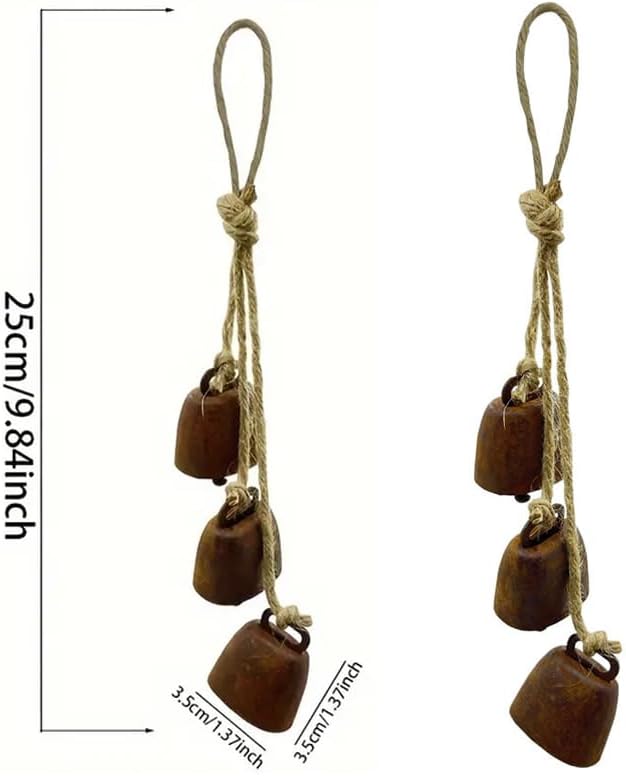 2pc Rustic Charm Bell - Handmade Hemp Rope Wind Chimes Hanging Decoration, Distressed Finish Cow Bell with Jute Hanging Rope, Perfect for Front Door, Outdoor, Window, and Home Decor,
