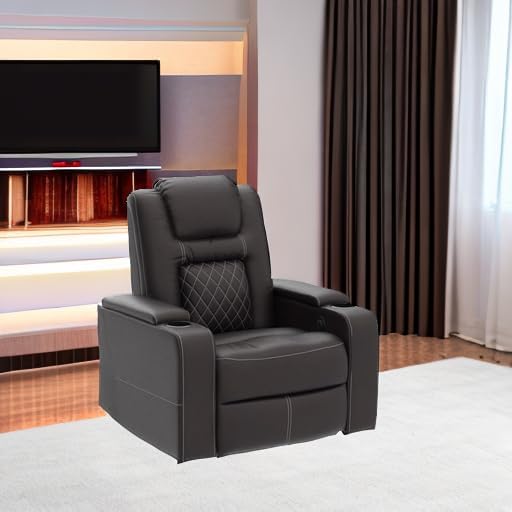 CANMOV Electric Power Recliner Chair with USB Ports and Cup Holders, Breathable Leather Home Theater Seating with Hidden Arm Storage (Brown)