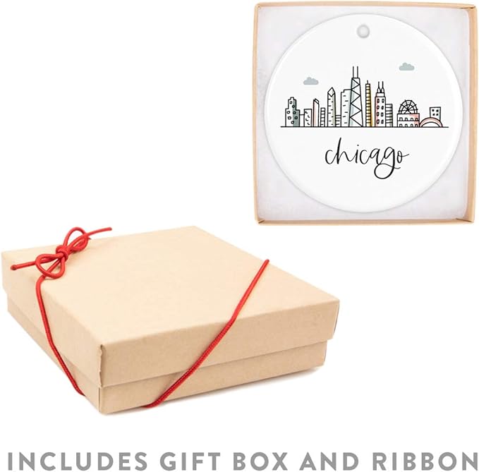 Andaz Press Round Ceramic Porcelain Christmas Tree Ornament Keepsake, Chicago Colorful City Skyline Graphic, 1-Pack, Birthday Gift Ideas Family Coworker Him Her, Includes Gift Box