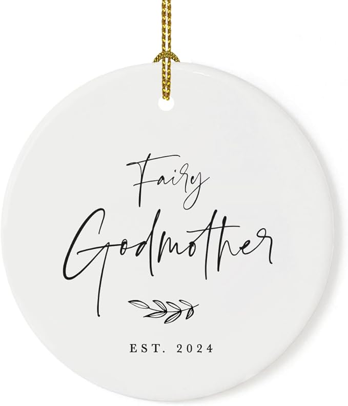 Andaz Press Custom Year Round Ceramic Porcelain Christmas Tree Ornament Keepsake Collectible Godmother Gift, Fairy Godmother Est. 2024, Antique Handdrawn, 1-Pack