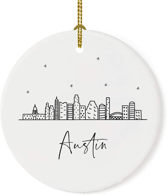 Andaz Press Round Ceramic Porcelain Christmas Tree Ornament Keepsake, Austin Black and White Stars City Skyline Graphic, 1-Pack, Birthday Gift Idea for Family Coworker Him Her, Includes Gift Box