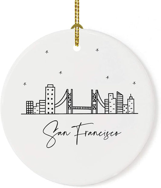 Andaz Press Round Ceramic Porcelain Christmas Tree Ornament Keepsake, San Francisco, Black and White Stars City Skyline Graphic, 1-Pack, Birthday Gift Ideas Family Coworker, Includes Gift Box