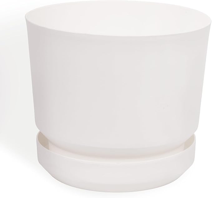 Elly Décor 8 inch Plastic Cylinder Planter Pot with Self-Watering Saucer and Drainage Hole,Lightweight & Extremely Durable, 8"x 8", White