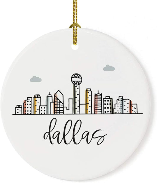 Andaz Press Round Ceramic Porcelain Christmas Tree Ornament Keepsake Gift, Colorful Dallas City Skyline, 1-Pack, Birthday Ideas Family Coworker Gift, Includes Box