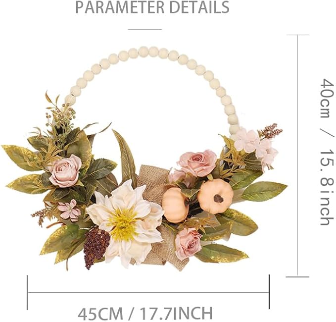 Fall Wreaths for Front Door, Autumn Wreath with Pumpkins, Berries and Leaves for Indoor Outdoor Porch Thanksgiving Farmhouse Harvest Halloween Home Décor (Pink Pumpkin)