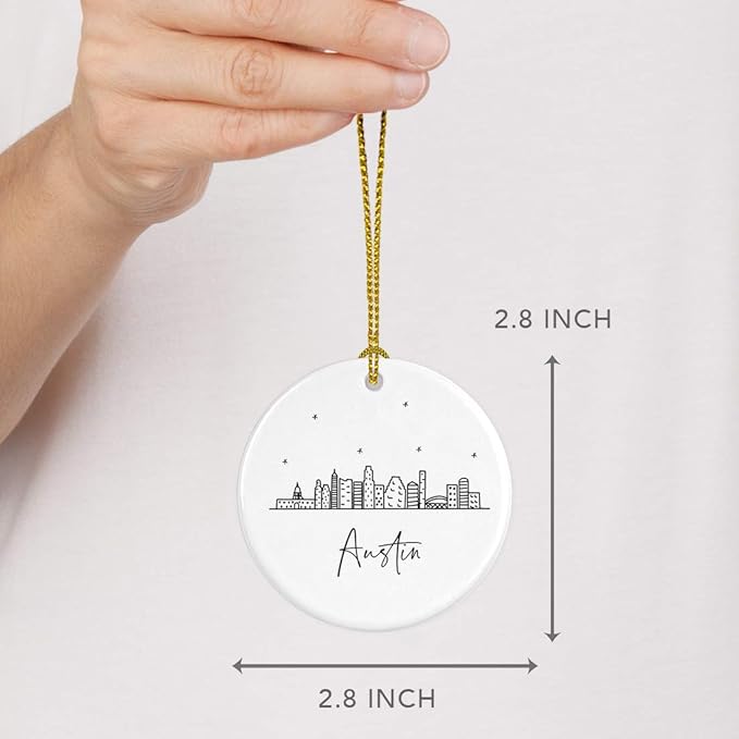 Andaz Press Round Ceramic Porcelain Christmas Tree Ornament Keepsake, Austin Black and White Stars City Skyline Graphic, 1-Pack, Birthday Gift Idea for Family Coworker Him Her, Includes Gift Box