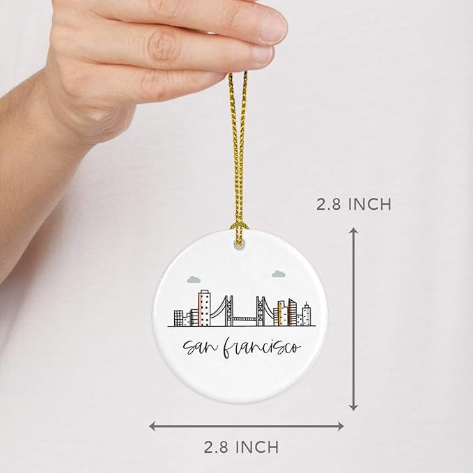 Andaz Press Round Ceramic Porcelain Christmas Tree Ornament Keepsake, San Francisco, Colorful City Skyline Graphic, 1-Pack, Birthday Gift Ideas Family Coworker Him Her, Includes Gift Box