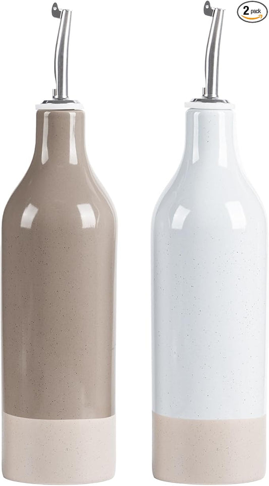 famiware Milkyway 16oz Ceramic Olive Oil Dispenser Bottle, Olive Oil and Vinegar Dispenser Bottle Set of 2 with Stainless Steel Pourers, Suitable for Storage Liquids, Light Gray and Cinnamon Brown