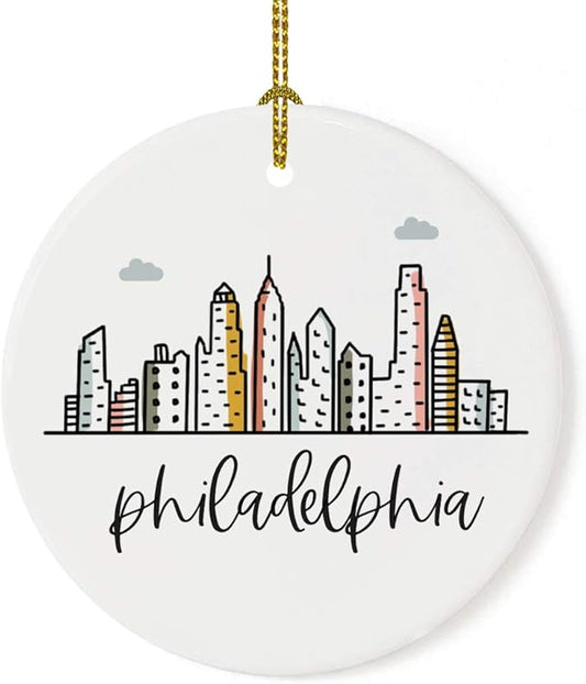 Andaz Press Round Ceramic Porcelain Christmas Tree Ornament Keepsake Gift, Philadelphia, Colorful City Skyline Graphic, 1-Pack, Birthday Ideas Family Coworker Him Her, Includes Gift Box