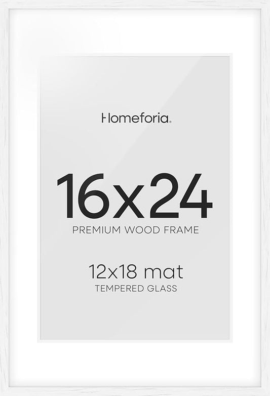 Homeforia White Picture Frame 16x24, High End Oak White 16x24 Frame with Mat 12x18 Photo, 16 x 24 Wooden Poster Frames Matted to 12 by 18, 24x16 Wood Hanging Frames, Tempered Glass, Wall Kit, Set of 1