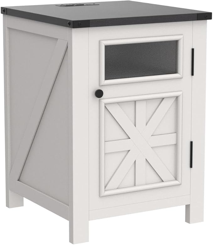 JXQTLINGMU Farmhouse End Table with Charging Station, 18'' Rustic Nightstand with Barn Door & Adjustable Shelf, Wooden Sofa Side Table with 3-Tier Storage for Living Room, Bedroom, White