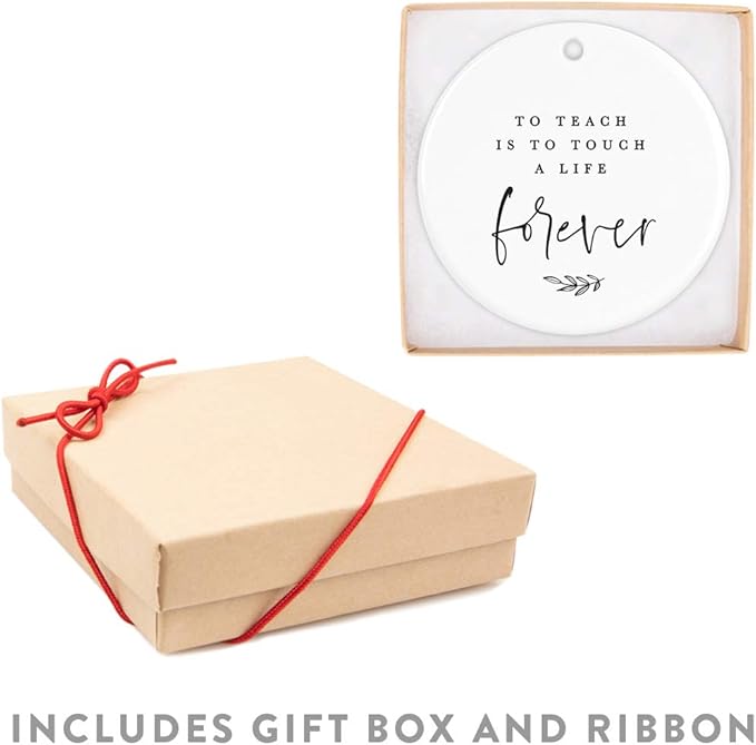 Andaz Press Round Ceramic Porcelain Christmas Tree Ornament for Teacher Thank You Appreciation Graduation Gift, to Teach is to Touch a Life Forever, 1-Pack